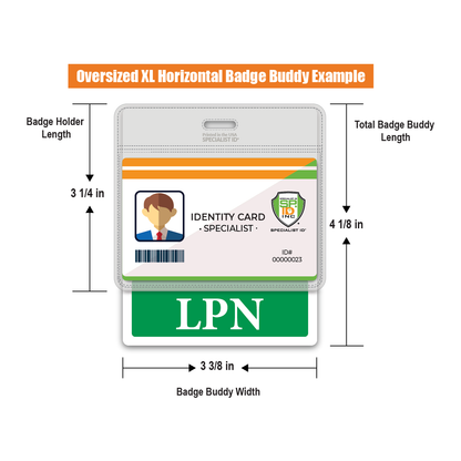 Oversized LPN Badge Buddy - XL Badge Backer for Nurses - Horizontal Hospital ID Badge Buddies example with dimensions marked. Identity card on top and a green badge labeled "Licensed Practical Nurse" below. Total badge buddy size is 4 1/8" x 4 3/8". Ideal for healthcare settings.