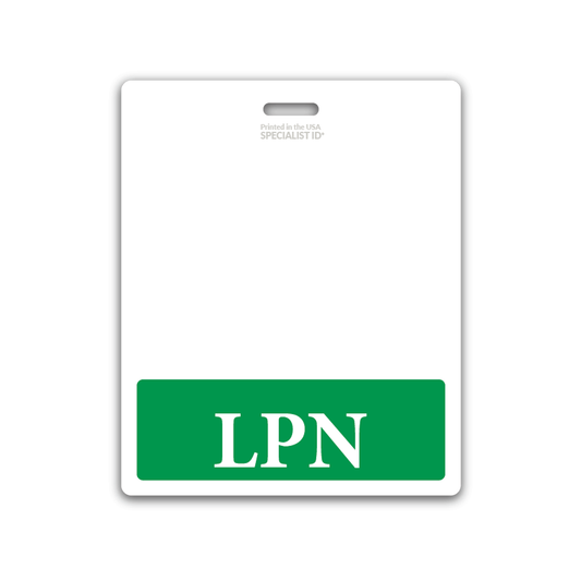 A white badge with a green section at the bottom displays the letters "LPN" in white text. Ideal for healthcare settings, this Oversized LPN Badge Buddy - XL Badge Backer for Nurses - Horizontal Hospital ID Badge Buddies features a slot at the top for attaching a clip or lanyard.