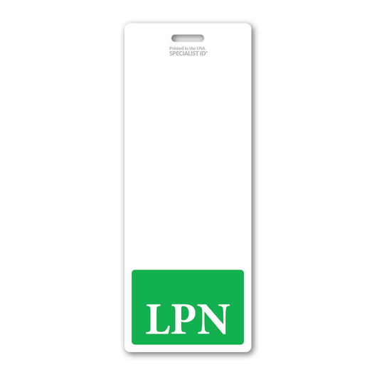 A white badge with a green section at the bottom displays the letters "LPN" in white, making it an ideal Oversized LPN Badge Buddy - Extra Large Badge Buddies for Licensed Practical Nurses - Vertical Hospital ID Badge Backer. The text "Printed in the USA, SPECIALIST ID" is at the top, perfect for any hospital ID badge.