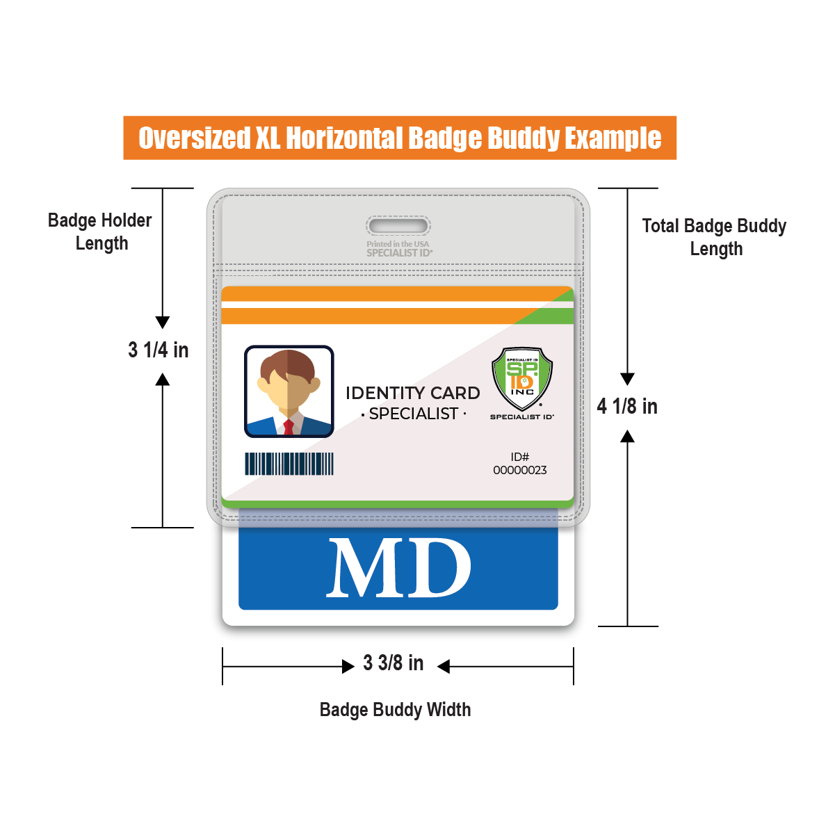 oversized MD badge buddy horizontal - 3 3/8 X 4 1/8 - wear with existing ID badge holder sleeve