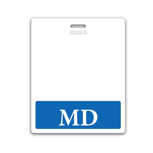 A white badge with a blue section at the bottom displaying the letters "MD" in white text serves as an Extra Large MD Badge Buddy - Oversized Badge Backer for Doctors of Medicine - Horizontal Hospital ID Badge Buddies.