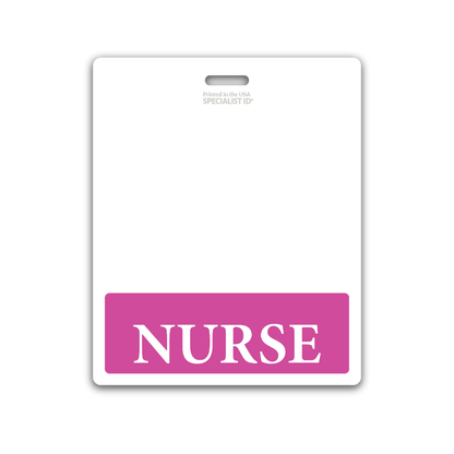 A durable laminated white badge with a pink bar at the bottom containing the word "NURSE" in white text, perfect for any Oversized NURSE Badge Buddy - XL Badge Backer for Nurses - Horizontal Hospital ID Badge Buddies focused on patient care.