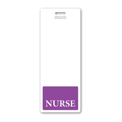 A white hospital ID badge with the word "NURSE" in white font on a purple background at the bottom. The top of the Oversized NURSE Badge Buddy - Extra Large Badge Buddies for Nurses - Vertical Hospital ID Badge Backer reads "Printed in the USA, SPECIALIST ID." Perfect for healthcare settings.