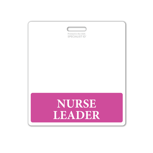 The Extra Large NURSE LEADER Badge Buddy features bold white "NURSE LEADER" text on a pink background at the bottom, making it perfect for healthcare environments. This horizontal hospital ID badge backer is an ideal accessory for professionals who lead with care and dedication.