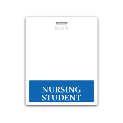 A horizontal badge backer with a white background includes a blue rectangular section at the bottom labeled "NURSING STUDENT," ideal for clinical environments. The Oversized NURSING STUDENT Badge Buddy helps identify you as part of the healthcare team, facilitating seamless integration and communication.