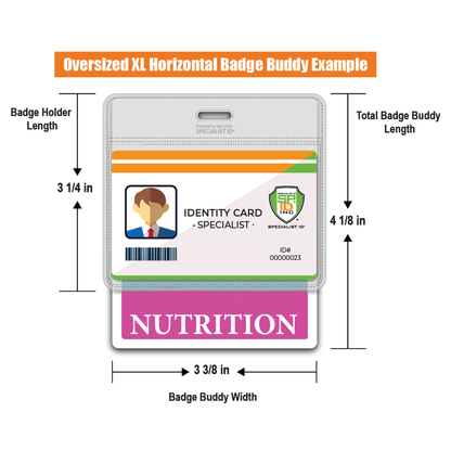 Illustration of an Extra Large NUTRITION Badge Buddy, a horizontal XL badge backer for nutritionists, showcasing measurements and a sample ID card labeled "Nutrition." Ideal for dietary settings, this badge buddy provides clear healthcare identification for easy recognition in any health-focused environment.