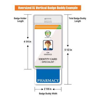 Diagram of an Extra Large Public Safety Badge Buddy - XL Badge Backer for Public Safety with dimensions: holder length 4 1/4", total length 5 1/2", width 2 1/8". Features identity card and "PHARMACY" label, serving as a reliable identification tool for enhanced public safety.