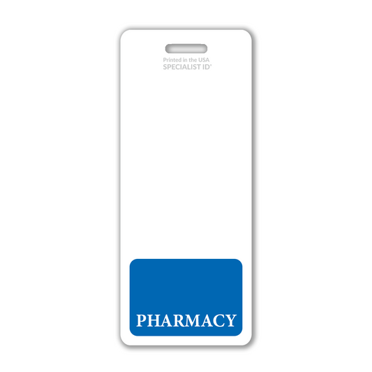 Extra large vertical badge backer labeled "PHARMACY" in white text on a blue rectangle at the bottom, designed as a Public Safety Badge Buddy for quick identification. Sold by Specialist ID.