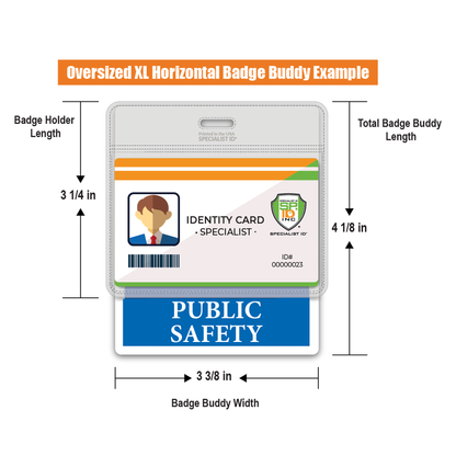 Diagram of an Extra Large PUBLIC SAFETY Badge Buddy showcasing its dimensions. It features an ID card labeled "Identity Card Specialist" alongside a Public Safety Badge, emphasizing its role as a vital identification tool for public safety personnel.