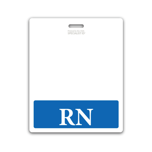 A white horizontal hospital ID with a blue bar at the bottom displaying the initials "RN," resembling an Extra Large RN Badge Buddy - XL Badge Backer for Registered Nurse - Horizontal Hospital ID Badge Buddies.