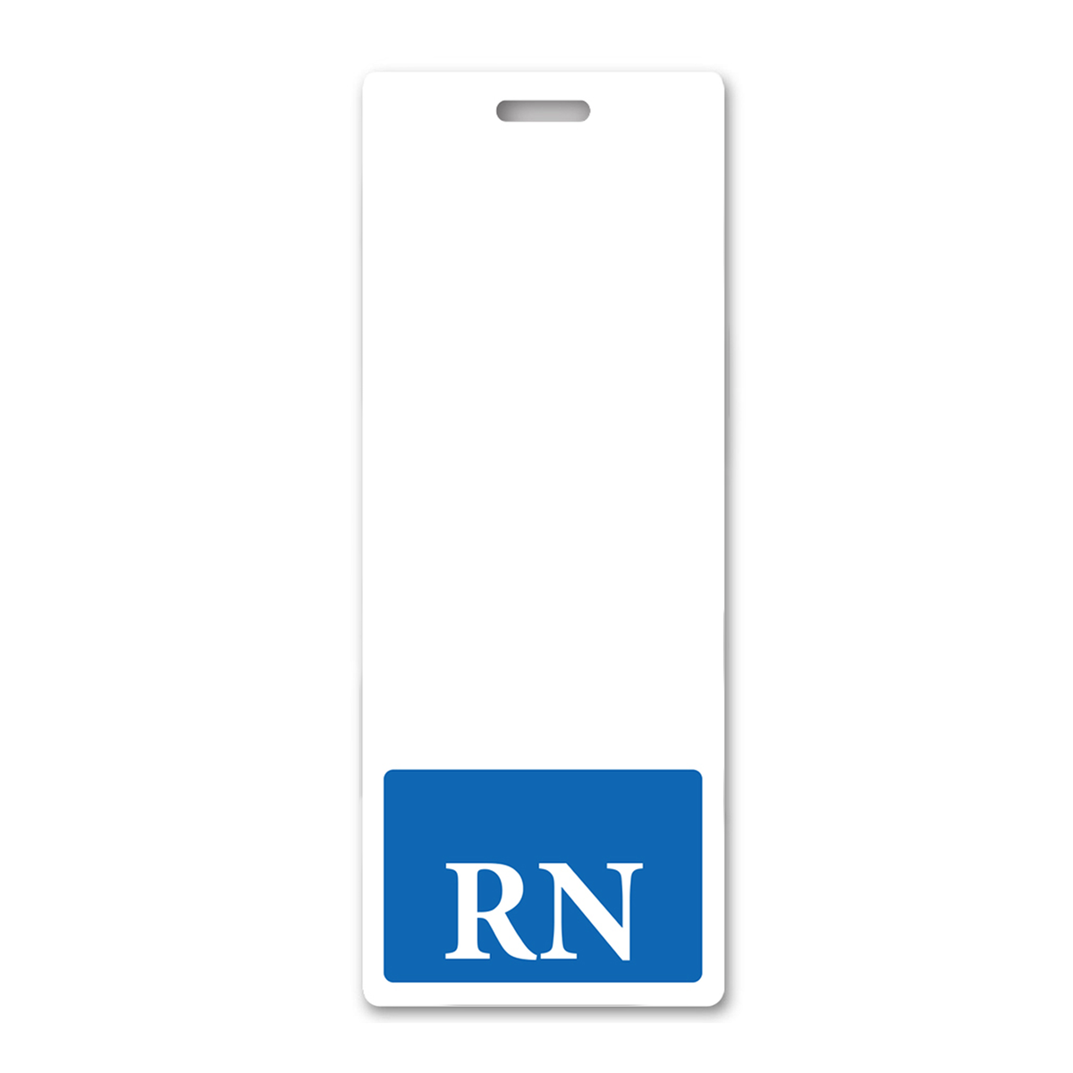 The RN Registered Nurse XL Badge Buddy - Oversized Vertical Hospital ID Role Identifier features a vertical, oversized design with a blue rectangle at the bottom displaying bold white "RN" letters for clear healthcare role recognition. The remainder of the badge buddy is blank, and it includes a slot at the top for convenient attachment.
