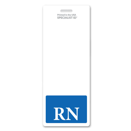 A white badge buddy with "RN" in bold white letters on a blue background at the bottom serves as an Oversized RN Badge Buddy - Extra Large Badge Buddies for Registered Nurse - Vertical Hospital ID Badge Backer, making registered nurse identification unmistakable.