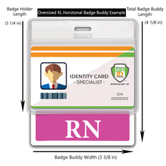 XL horizontal badge buddy behind an ID in a vinyl badge holder, with the title showing below the holder and the measurements marked