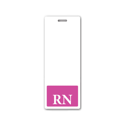 A white rectangular badge with a slot at the top and a pink rectangle at the bottom containing the letters "RN" serves as an Oversized RN Badge Buddy - Extra Large Badge Buddies for Registered Nurse - Vertical Hospital ID Badge Backer.