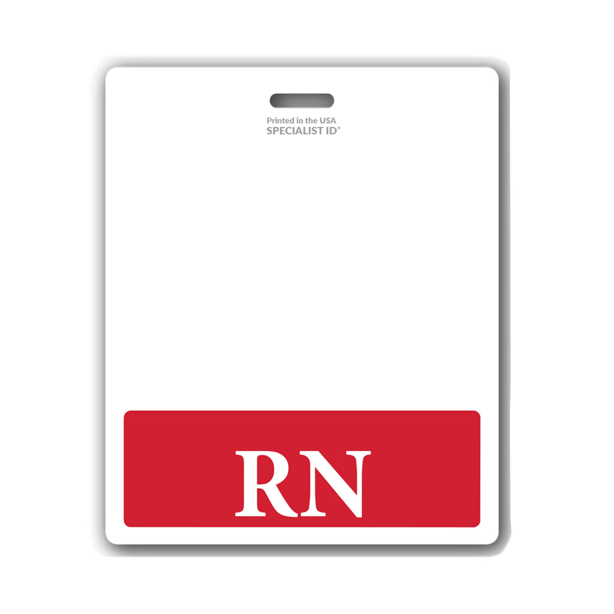 A horizontal hospital ID features a white badge with a red section at the bottom containing the letters "RN" in white. The top reads "Printed in the USA SPECIALIST ID". Extra Large RN Badge Buddy - XL Badge Backer for Registered Nurse - Horizontal Hospital ID Badge Buddies