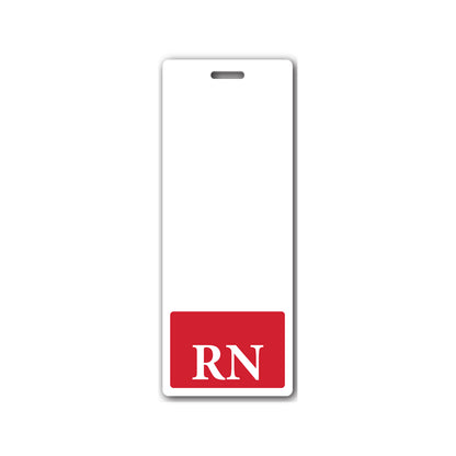 A white vertical Oversized RN Badge Buddy - Extra Large Badge Buddies for Registered Nurse - Vertical Hospital ID Badge Backer with an oversized red section at the bottom displaying the initials "RN" in bold white letters.