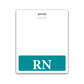 Extra Large RN Badge Buddy - XL Badge Backer for Registered Nurse - Horizontal Hospital ID Badge Buddies with a white background and teal bottom. The bottom section displays the text "RN" in white, perfect as an RN badge buddy. The top section has small text that reads, "Printed in the USA, SPECIALIST ID". Ideal for use as a horizontal hospital ID.