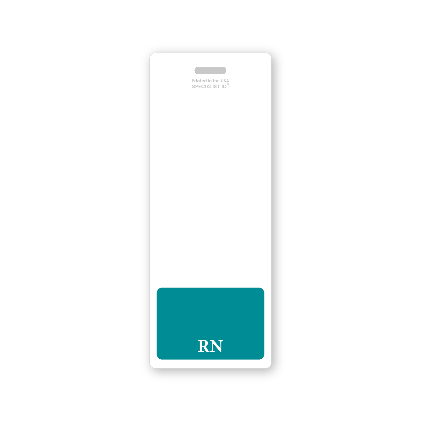The RN Registered Nurse XL Badge Buddy is an oversized vertical hospital ID role identifier in white with a teal box at the bottom showing “RN” in white text—perfect for any registered nurse badge.