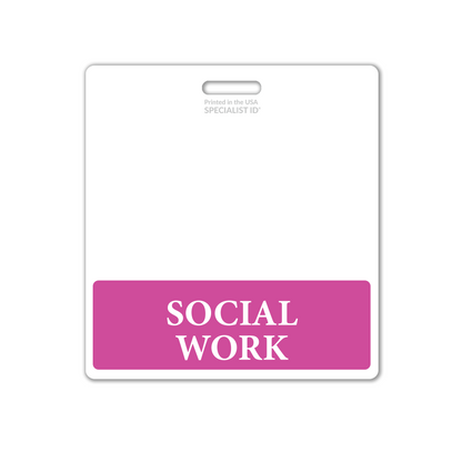 The Extra Large SOCIAL WORK Badge Buddy, a horizontal ID badge backer designed for social workers, features a white background with a pink stripe at the bottom and prominently displays "Social Work," making it an essential identification tool in healthcare settings.