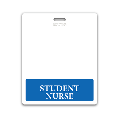 A white badge with a blue label at the bottom reading "Student Nurse" features a durable design suited for the clinical environment, such as the Oversized STUDENT NURSE Badge Buddy - XL Badge Backer for Student Nurses - Horizontal Hospital ID Badge Buddies.