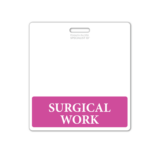 The Extra Large SURGICAL WORK Badge Buddy, a horizontal hospital ID badge Backer, serves as an essential identification tool with its white design and pink "SURGICAL WORK" section at the bottom, making it perfect for healthcare settings.