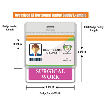 The illustration showcases an Extra Large SURGICAL WORK Badge Buddy, labeled as an identification tool. It features a horizontal design with dimensions marked, includes a slot for an ID card, and prominently displays a purple "SURGICAL WORK" label, making it ideal for healthcare environments.