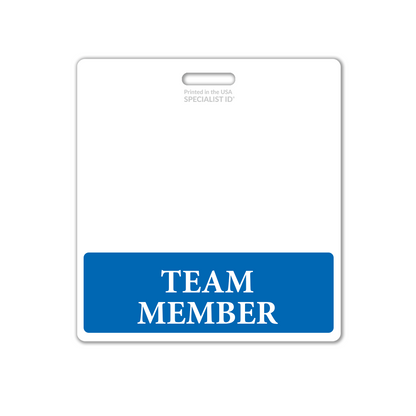 The Extra Large TEAM MEMBER Badge Buddy, featuring a blue bottom section labeled "TEAM MEMBER," serves as a durable identification tool and embodies workplace professionalism. Sold by Specialist ID.