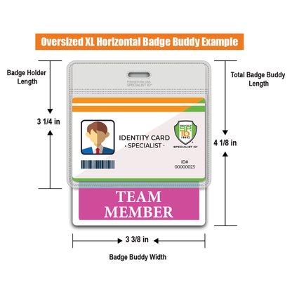 Diagram depicting the Extra Large TEAM MEMBER Badge Buddy, an XL horizontal Badge Backer for Team Members with dimensions, featuring an identity card and a "TEAM MEMBER" tag. This robust identification tool enhances workplace professionalism by clearly displaying team roles.