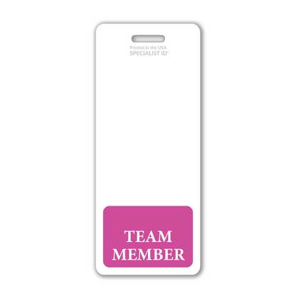 Extra large badge buddy with a white background and purple section labeled "Team Member" at the bottom, designed to serve as an identification tool for enhancing workplace professionalism.