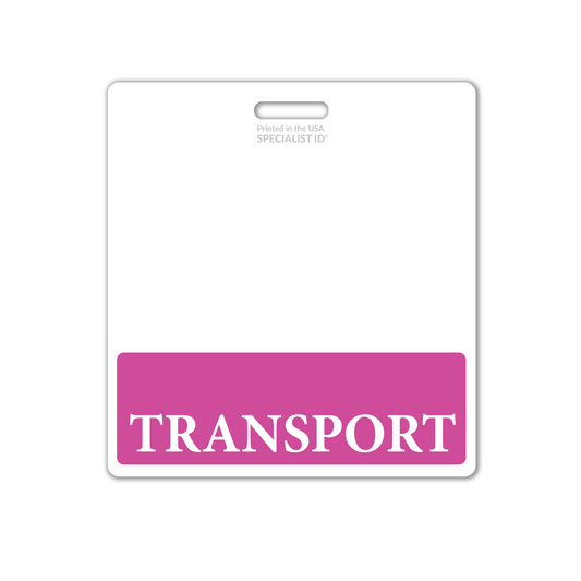 The Extra Large TRANSPORT Badge Buddy, a vital identification tool for healthcare settings, includes a pink section at the bottom showcasing the text "TRANSPORT. Sold by Specialist ID.