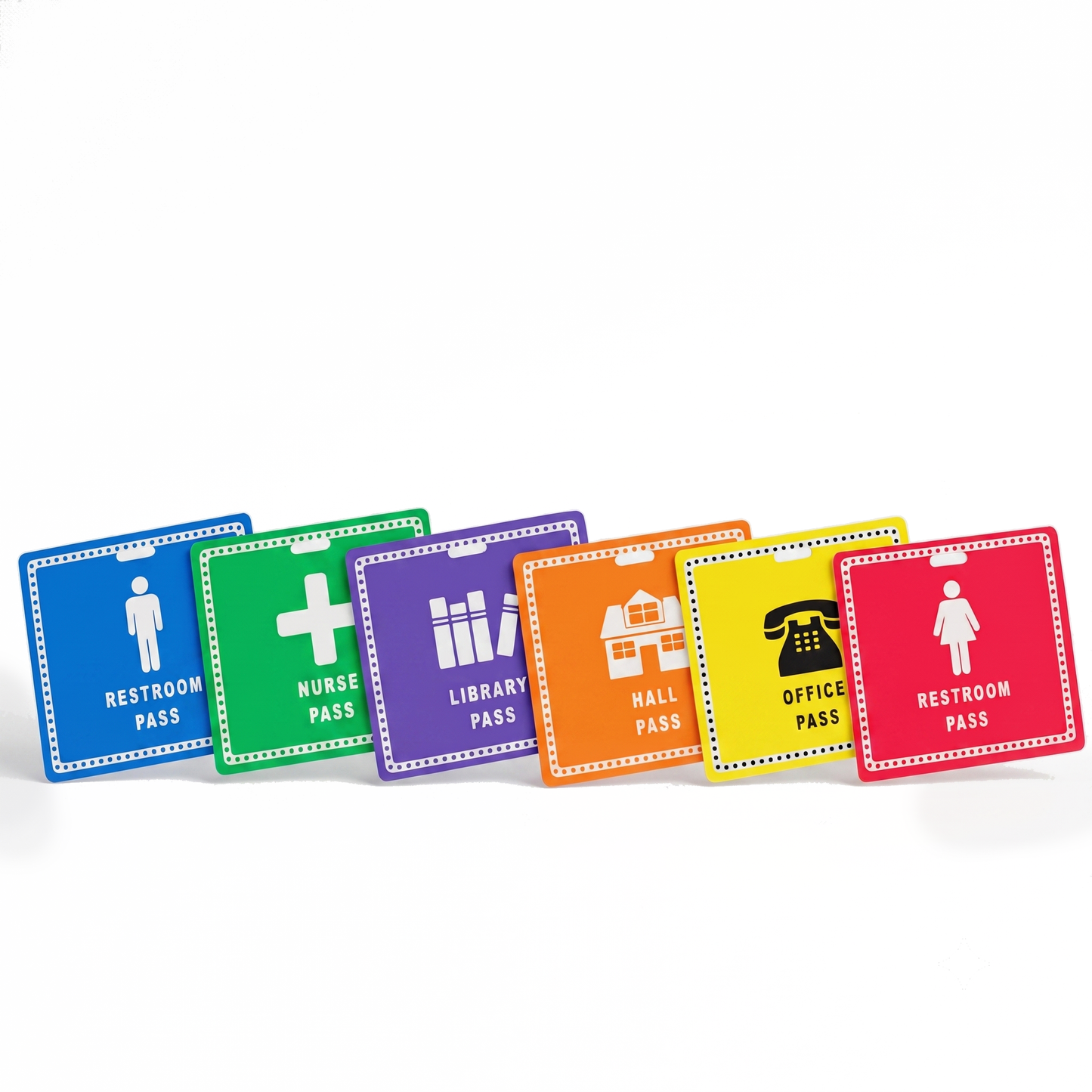 Six colorful square custom hall pass badges in blue, green, purple, orange, yellow, and red, arranged in a row on a white background. Design Your Own Passes for School, Hospital, Events by Specialist ID are displayed, each with a different color and purpose: restroom, nurse, library, hall, office, and restroom passes. Crafted from durable composite material and waterproof laminated for longevity, these passes are meant to hang from lanyard clips.