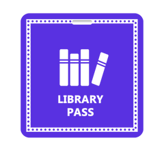 Custom printed hall pass badge, 3 3/8 x 3 inches, with a standard slot punched along the top edge for a lanyard or badge clip. Shown with a library pass design. Sold by Specialist ID.