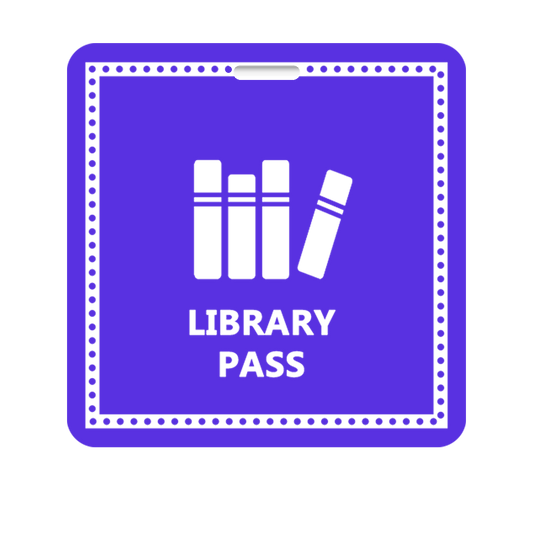 Custom printed hall pass badge, 3 3/8 x 3 inches, with a standard slot punched along the top edge for a lanyard or badge clip. Shown with a library pass design. Sold by Specialist ID.