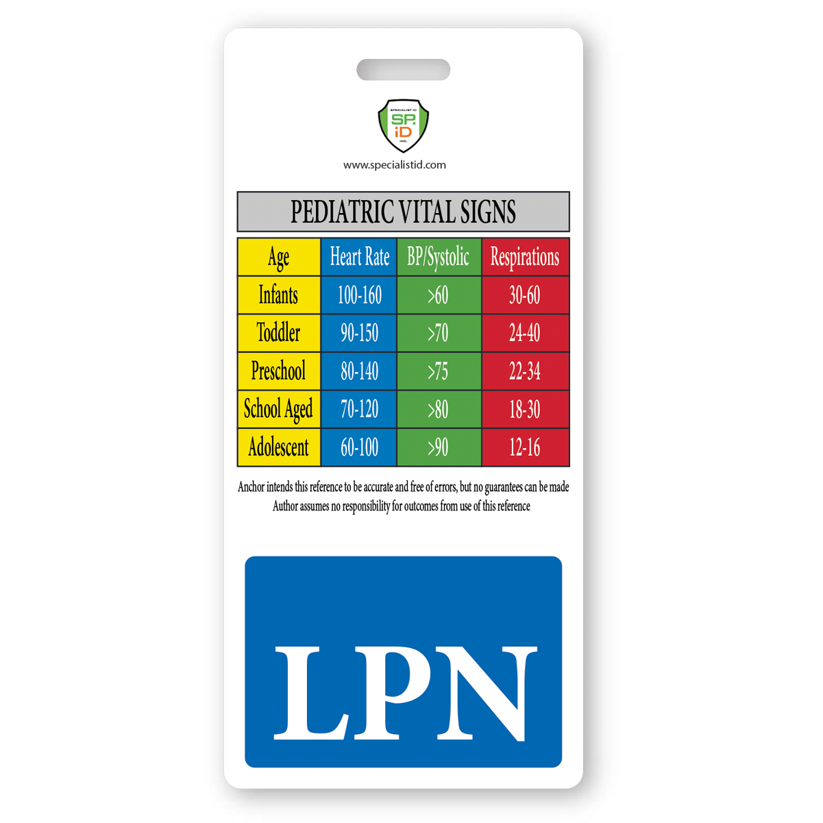 A reference card displaying pediatric vital signs ranges for heart rate, BP/systolic, and respirations across different age groups—infants, toddlers, preschoolers, school-aged children, and adolescents. Fully Customizable Badge Buddy Vertical - (Standard Size) with LPN logo at the bottom for easy identification.