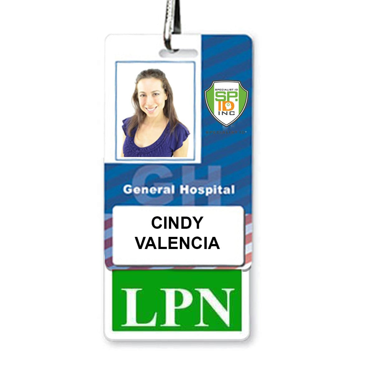 LPN badge buddy vertical with green border behind vertical hospital ID badge