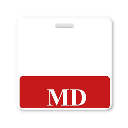 A white badge with a red bottom section displaying the letters "MD" in white, signifying a medical doctor. This MD Horizontal Badge Buddy with RED Border is essential for quick identification.