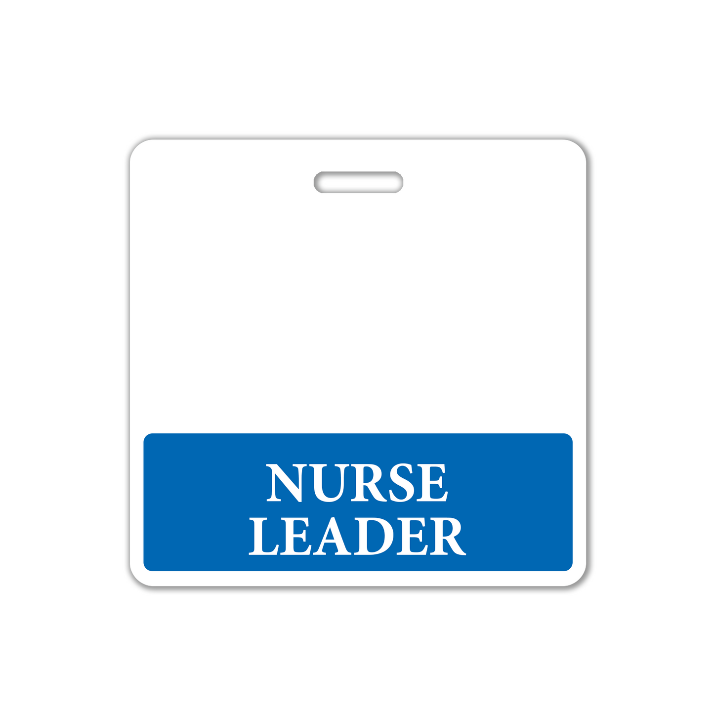 A NURSE LEADER Horizontal Badge Buddy with Blue Border displaying the word "NURSE LEADER" in large white letters. Sold by Specialist ID.