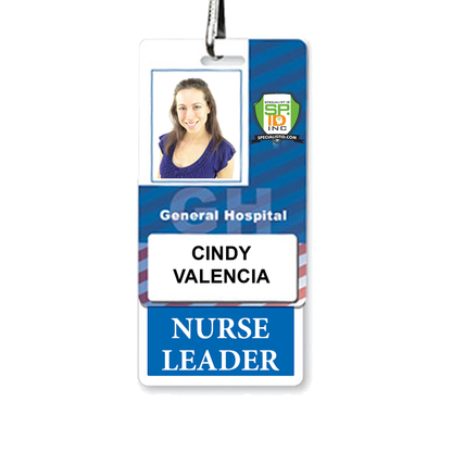 Identification badge of General Hospital featuring a headshot of Cindy Valencia with the title "NURSE LEADER" and a specialist ID logo emblem. This Nurse Leader Badge Buddy Vertical Hospital ID Badge Backer Card for Nurse Leaders - Standard Size is essential hospital ID for key personnel.