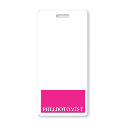 A white Phlebotomist Vertical Badge Buddy with Color Border with "PHLEBOTOMIST" written in bold pink text at the bottom, offering clear role recognition within the hospital environment.