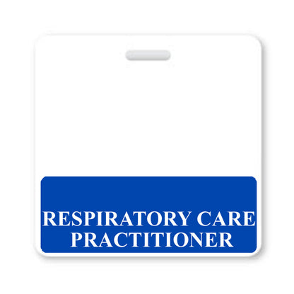 A RESPIRATORY CARE PRACTITIONER Horizontal Badge Buddy with Blue Border, perfect for use in a hospital setting. Sold by Specialist ID.