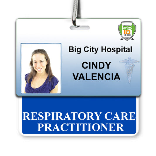 ID badge displaying a photo of a woman with the text "Big City Hospital, Cindy Valencia, Respiratory Care Practitioner," serves as her RESPIRATORY CARE PRACTITIONER Horizontal Badge Buddy with Blue Border in the busy hospital setting.