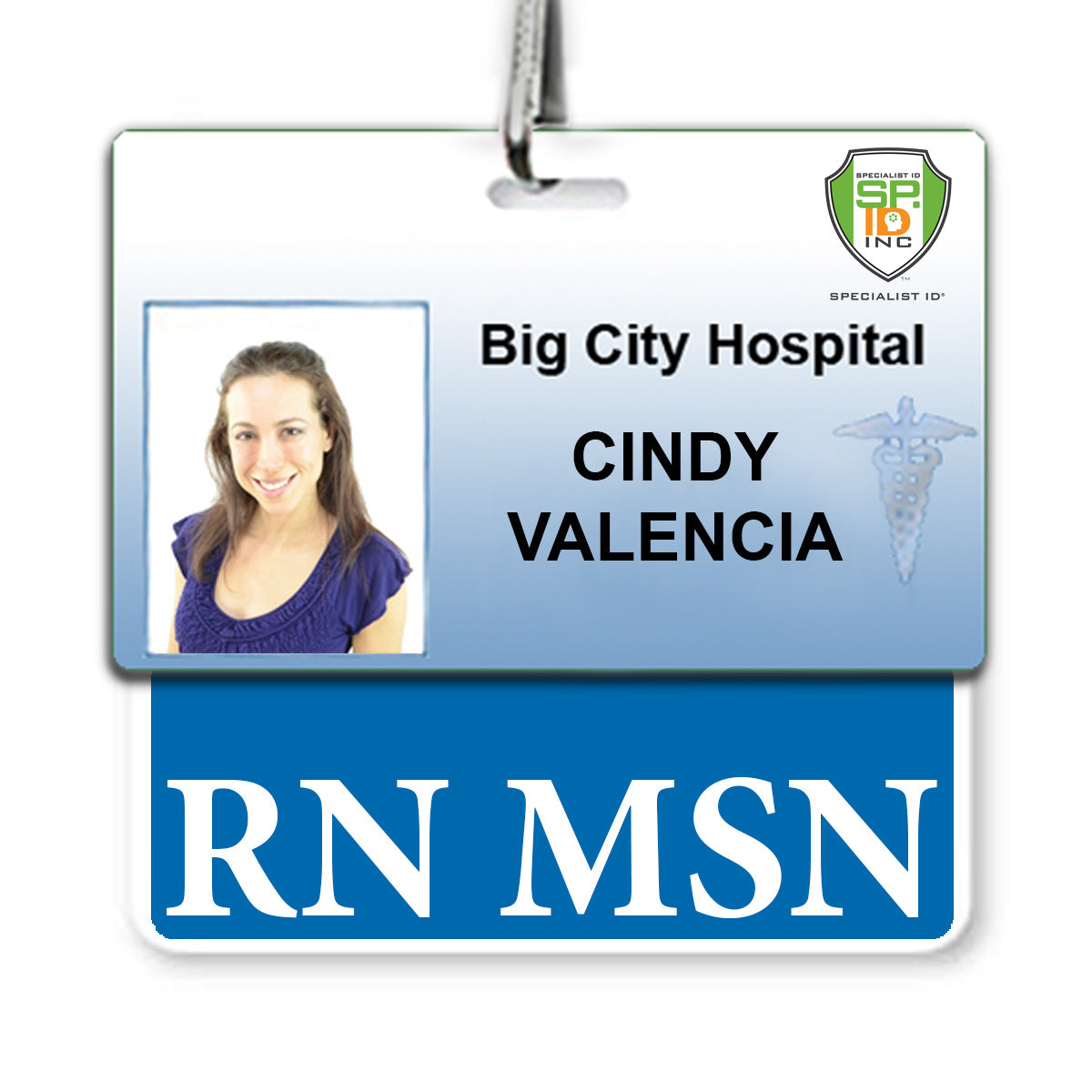 Identification badge for Big City Hospital featuring a photograph of a woman and the name "Cindy Valencia, RN MSN," displayed in an RN MSN Badge Buddy Horizontal for Nurse - Double Sided Print ID Badge Backer (Standard Size).