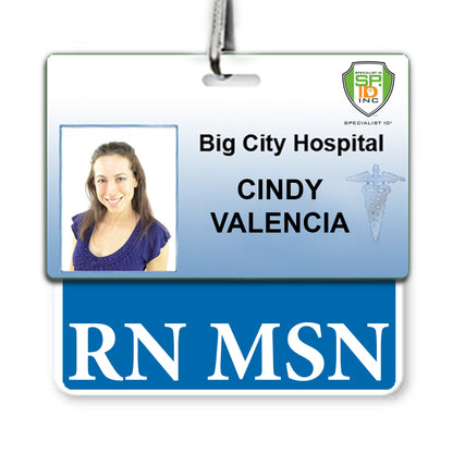 Identification badge for Big City Hospital featuring a photograph of a woman and the name "Cindy Valencia, RN MSN," displayed in an RN MSN Badge Buddy Horizontal for Nurse - Double Sided Print ID Badge Backer (Standard Size).