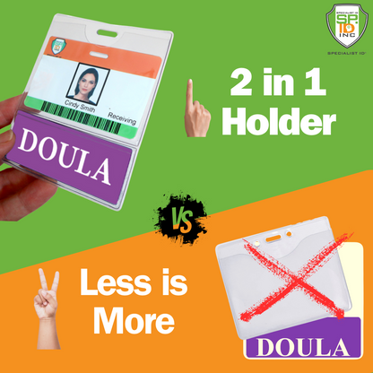A hand displays a DOULA BadgeBottom Badge Holder & Buddy, highlighting role identification. Another holder has a red X. Text reads: "2 in 1 Holder" and "Less is More." Perfect for those who appreciate style and practicality like the DOULA BadgeBottom Horizontal ID Badge Sleeve with Bottom Role Tag.