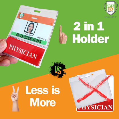 Comparison image showing a "PHYSICIAN BadgeBottom Badge Holder & PHYSICIAN Badge Buddy IN ONE!! - Horizontal ID Badge Sleeve with Bottom Role Tag for Nurses" with a PHYSICIAN BadgeBottoms® ID badge on the left and an "X" over a regular badge holder on the right, with the text "PHYSICIAN BadgeBottom Badge Holder & PHYSICIAN Badge Buddy IN ONE!! - Horizontal ID Badge Sleeve with Bottom Role Tag for Nurses" and "Less is More" above each respectively.