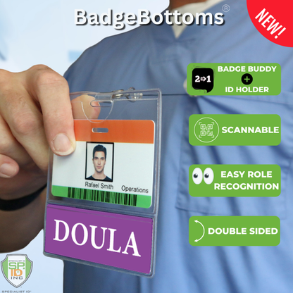 A person holds the DOULA BadgeBottom Badge Holder & DOULA Badge Buddy IN ONE!!, a dual-layer horizontal ID badge sleeve with a bottom role tag labeled "DOULA." Features include scannability, easy role recognition, and double-sided design.