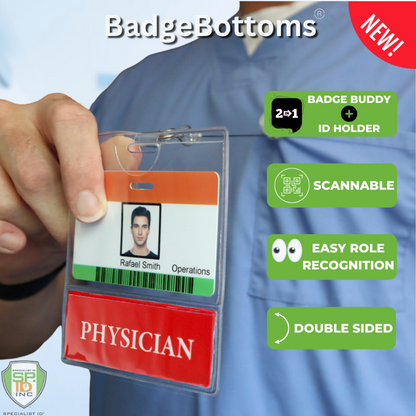 A person holds a clear, customizable badge holder displaying an ID card with the name Rafael Smith and a "PHYSICIAN" label. Surrounding text highlights features like scannability, easy role recognition, and double-sided use. Perfect for showcasing professional ID badge holders such as PHYSICIAN BadgeBottom Badge Holder & PHYSICIAN Badge Buddy IN ONE!! - Horizontal ID Badge Sleeve with Bottom Role Tag for Nurses.