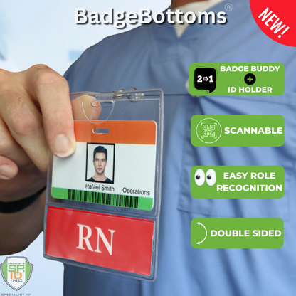 A person holds a badge with a photo ID and a red RN tag below it. Text highlights features: "Badge Buddy + ID Holder," "Scannable," "Easy Role Recognition," and "Double Sided." RN BadgeBottom Badge Holder & RN Badge Buddy IN ONE!! - Horizontal ID Badge Sleeve with Bottom Role Tag for Registered Nurses enhance clarity for medical titles on these badge holders.