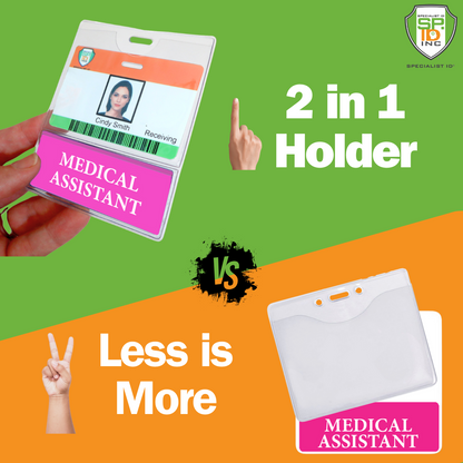 Comparing two badge holders: the left side features a dual-sided holder with a photo and "Medical Assistant" label, while on the right is a "MEDICAL ASSISTANT BadgeBottom Badge Holder & MEDICAL ASSISTANT Badge Buddy IN ONE!!" with an attached role tag.