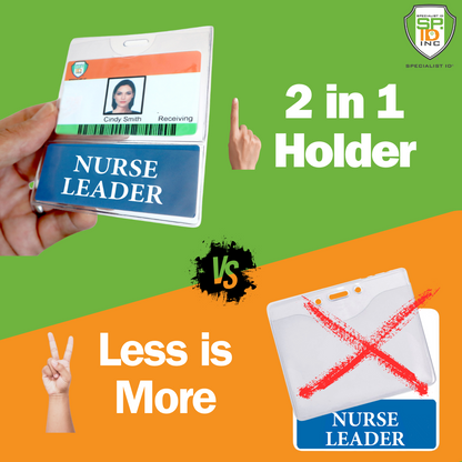 An image displays two ID badge holders: the "NURSE LEADER BadgeBottom" with a photo ID and a crossed-out unnamed one. Text includes "2 in 1 Holder," "Less is More," and a central "VS," emphasizing efficiency and style of the NURSE LEADER combo holder.